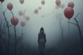 lonely girl stand in mystic foggy landscape with balloons AI generated