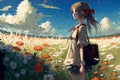 A lonely girl walks through a flower field on a hot summer day. Generative AI
