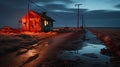 Lonely gloomy shop with neon sign at night