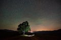 Lonely high tree under starry night sky and Milky way Royalty Free Stock Photo