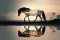 lonely horse on beach in evening coast romantic double exposure