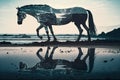 lonely horse on beach in evening coast romantic double exposure