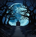 Lonely House and Dark Trees against Big Blue Moon Royalty Free Stock Photo
