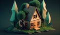 Small fairy wooden house in green forest by Generative AI