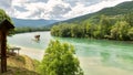 Lonely house on the river Drina in Bajina Basta. Cloudy sky and Royalty Free Stock Photo