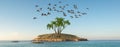 A lonely island with several palm trees and birds flying Royalty Free Stock Photo