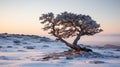 Lonely Juniper: A Romantic Snowscape With Golden Light Royalty Free Stock Photo