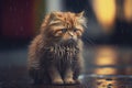 A lonely kitten abandoned in an alley under rain, ai illustration