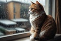 Lonely kitten sits on window sill. Generative AI