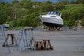Lonely laid up boat at a marina lay up site.. Royalty Free Stock Photo