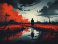 A Lonely Landscape Artwork with Red Hues and Silhouette of a Man, AI Generative