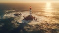 Lonely lighthouse hit by waves in the ocean on sunny day at dusk