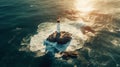 Lonely lighthouse hit by waves in the ocean on sunny day at dusk