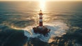 Lonely lighthouse hit by waves in the ocean on sunny day at dusk
