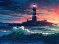 A lonely lighthouse on rock in sunset lights