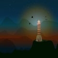 Ocean lighthouse on hill. Landscape with mountains, night starry sky and beacon.