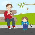 Lonely little boy, unhappy and unnoticed, wants to play with his father who is looking to his smartphone Royalty Free Stock Photo