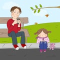 Lonely little girl, unhappy and unnoticed, wants to play with his father who is looking to his smartphone Royalty Free Stock Photo