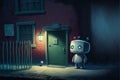 Lonely little robot in a dirty alley at night. illustration painting