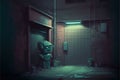 Lonely little robot in a dirty alley at night. illustration painting