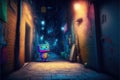 Lonely little robot in a dirty alley at night. illustration painting