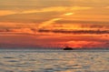 Lonely ship and gull floating on the sea in the background of sunset Royalty Free Stock Photo
