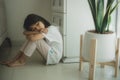 Lonely little sitting at home alone, upset unhappy child waiting for parents, thinking about problems, bad relationship in family Royalty Free Stock Photo