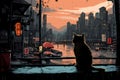 Lonely, lost cat looking at a Japanese city under the rain