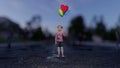 A lonely lost little girl stands in the middle of a walking crowd in the evening with balloons. View of the little lost