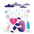 Lonely male character sitting in rain. Sad man suffering from broken heart. Guy in complete despair from non-reciprocal love