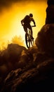 Lonely male cyclist in helmet riding his bike by the rocks. Sportsman going mounting biking at sunset. Generative AI