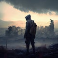 lonely male figure in postapocalyptic city standing on hill against backdrop of ruins