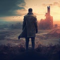lonely male figure in postapocalyptic city standing on hill against backdrop of ruins