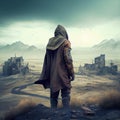 lonely male figure in postapocalyptic city standing on hill against backdrop of ruins
