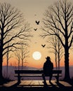 lonely man alone on bench looking at sunset on horizon