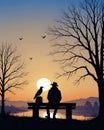 lonely man alone on bench looking at sunset on horizon