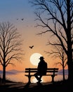 lonely man alone on bench looking at sunset on horizon