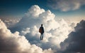 A lonely man with a backpack standing with his back against the background of clouds