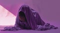 Lonely man curled up under purple blanket, covering face