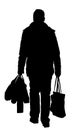 Lonely man doing everyday grocery shopping at supermarket buy food and another goods, vector silhouette.