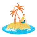 Lonely man sitting on an island and looking to sea waves.Vector Royalty Free Stock Photo