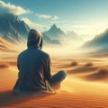 Lonely man sitting on the sand against the background of the mountains.