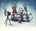 Lonely man with snowman, plaster dwarf and animals takes pictures of himself for group photo `with friends`