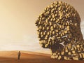 Lonely man standing before big stone head Royalty Free Stock Photo