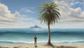 A lonely man standing near a palm tree on the shore against the background of the sea and sky