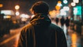 Lonely man standing in the rain. Night city street