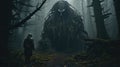 A lonely man stands in front of a monster in a misty forest Royalty Free Stock Photo