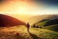 A Lonely Man Stands On Green Meadow At Sunset With Mountain Landscape In The Background - Generative AI