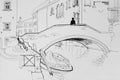 Lonely man in Venice bridge architectural pen sketch illustration