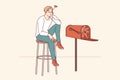 Lonely man is waiting for letter, sitting by empty mailbox covered with cobwebs.